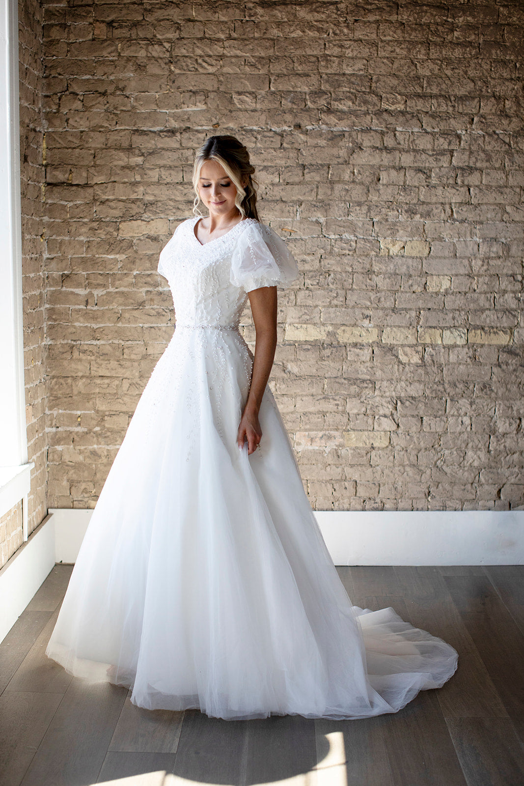 SLV 7286  Penelope Tulle and Beaded Puff Sleeve