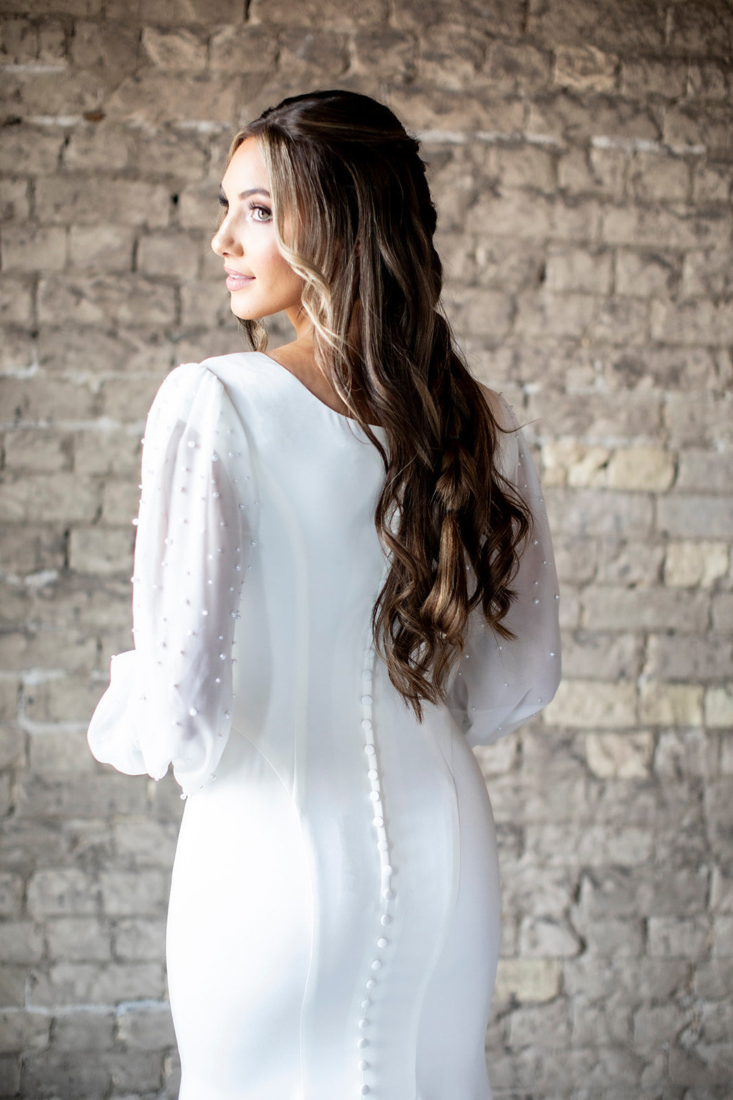 SLV 7301 Brooke Chiffon and Pearl Bishop Sleeve